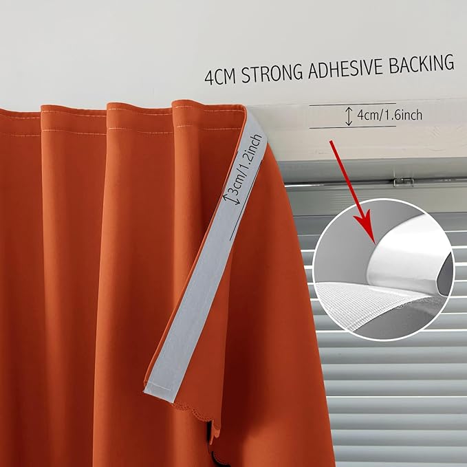 Self Adhesive Curtains Portable Blackout Curtain Simple and Easy to Install Bedroom Window Thermal Lnsulated Kitchen Room Darkening Black Small Drapes, 47" W X 59" L, Orange, 1 Panel