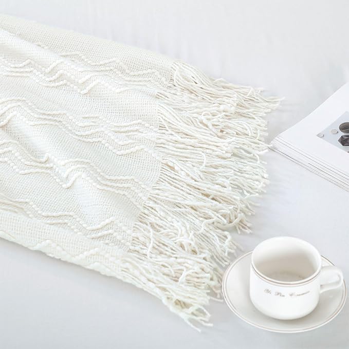 BOURINA Off White Throw Blanket 50 x90 Inches Throw Textured Solid Soft Sofa Throw Bed Runner Couch Cover Knitted Decorative Blanket Bed Runner