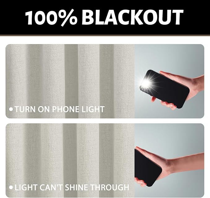 Yakamok Cream Linen Curtains 100% Blackout 72 Inches Long,Room Darkening Textured Curtain for Living Room Thermal Grommet Bedroom Curtains 2 Panels with Greyish White Liner
