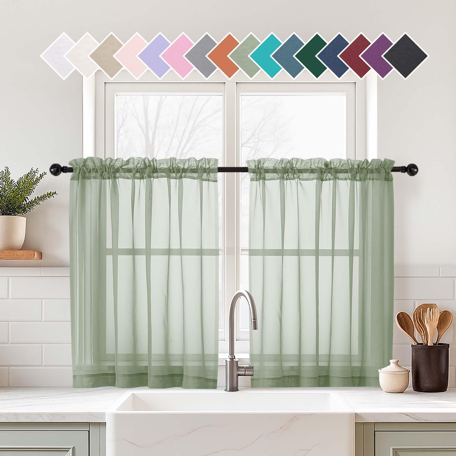 Ebesto Sage Green Small Sheer Curtains Tier 24 Inches Length 2 Pieces, Light Filtering Cafe Curtains for Living Room Bathroom, Modern Window Treatments Dual Rod Pocket Panels, 2X42Wx24L Inches