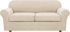 H.VERSAILTEX 3 Piece Stretch Sofa Covers for 2 Cushion Sofa Couch Covers for Living Room Sofa Slipcovers (Base Cover Plus 2 Seat Cushion Covers) Thicker Jacquard Fabric(Large Sofa, Natural)
