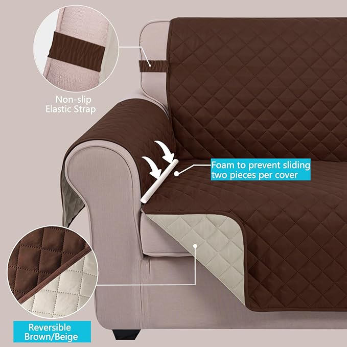 U-NICE HOME Recliner Chair Covers Reversible Chair Cover Pet Covers for Dogs with Elastic Straps Water Resistant Diamond Quilted (28''Recliner Oversized, Brown/Beige)