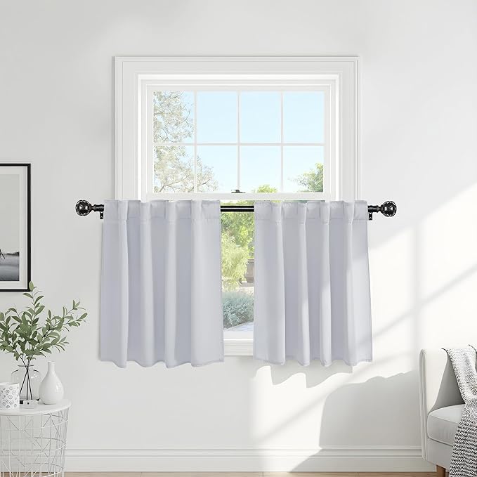 Pony Dance Short Drapes for Kinchen, Half Drapes for Bathroom Window, Privacy Curtain Tiers for Basement Windows, loft Curtain Tiers for Bedroom - Greyish White, W34 x L24, 1 Pair