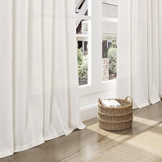 Nanspring Beige White Extra Wide Linen Curtains for Living Room Bedroom Light Filtering Semi Sheer Curtains for Sliding Door Coastal Decor Floor to Ceiling Window Extra Long Curtain 100x120