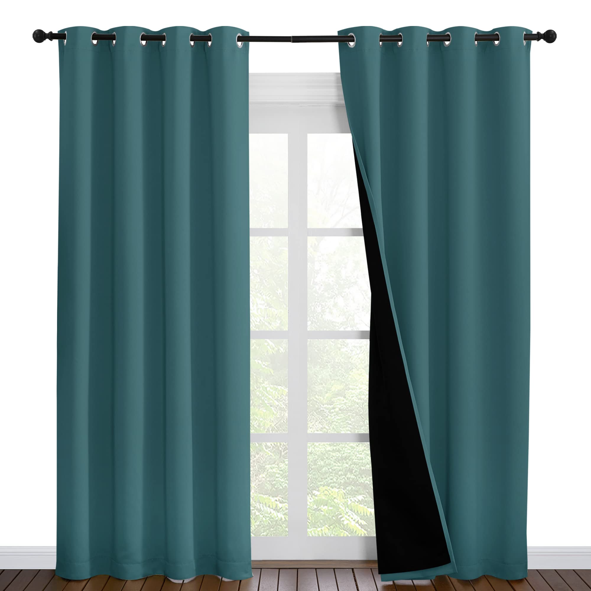 NICETOWN Complete 100% Blackout Curtain Set, Thermal Insulated & Energy Efficiency Window Draperies for Guest Room, Full Shading Panels for Shift Worker and Light Sleepers, Sea Teal, 55W x 86L, 2 PCs