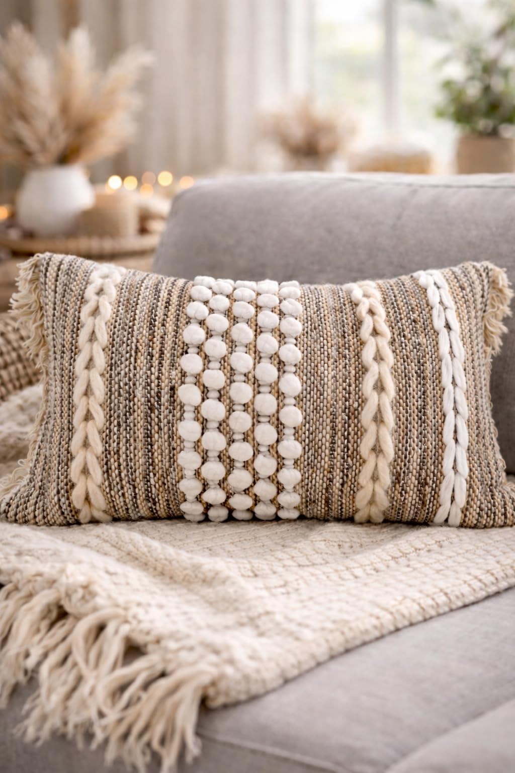 COZYDEKO Decorative Boho-Chic Lumbar Pillow Cover 12x20 Premium Handwoven Tufted Cotton &Wool Accent Pillows, Earthy Color Throw Cushion, Farmhouse & Bohemian Home Decor (Limited Edition Cover Only)