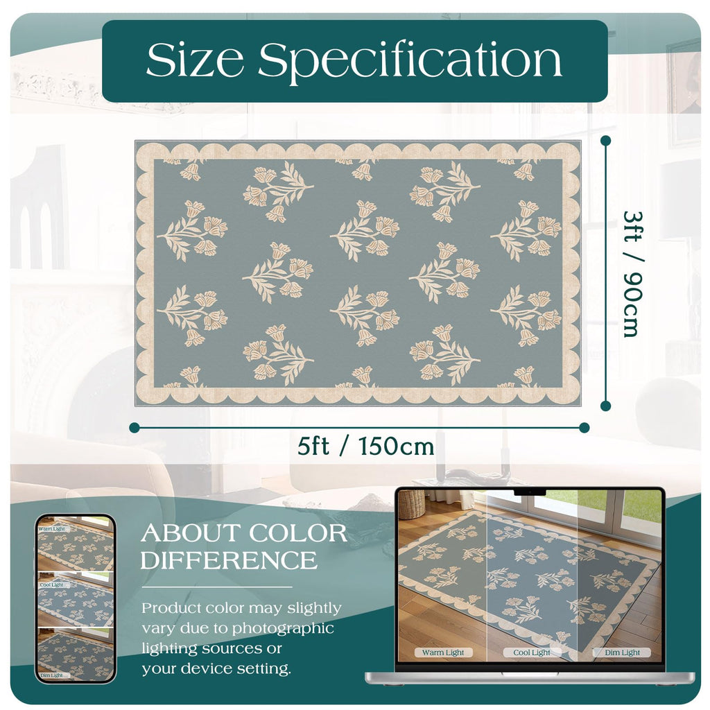 Othilic 3x5 Floral Entry Rug - Small Washable Indoor Outdoor Mats for Front Door Non-Slip Porch Rug Blue Boho Farmhouse Scalloped Throw Rugs for Living Room Bedroom Entryway Kitchen Office Porch Decor