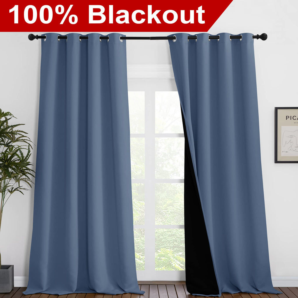 NICETOWN Cold Reducing Curtains, 100% Sun Blocking Curtains, Sound Proof Drapes with Black Backing, Full Light Blocking Panels for Patio Sliding Door (Stone Blue, 1 Pair, 55 inches x 102 inches)