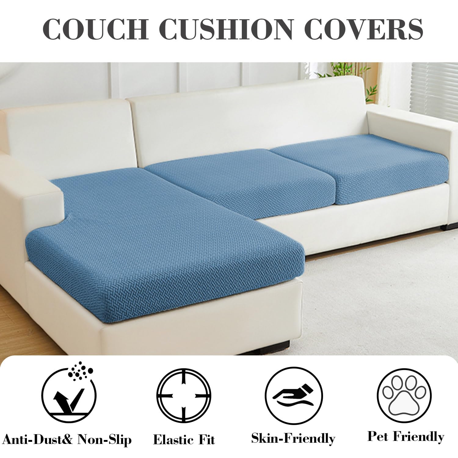 Disayu Sofa Covers Couch Covers for Sofa Pet Friendly Couch Cushion Covers Universal Sofa Covers Washable Stretch Slipcovers for Sectional Sofa (Texture Blue, 2 Seats + Chaise Cover)
