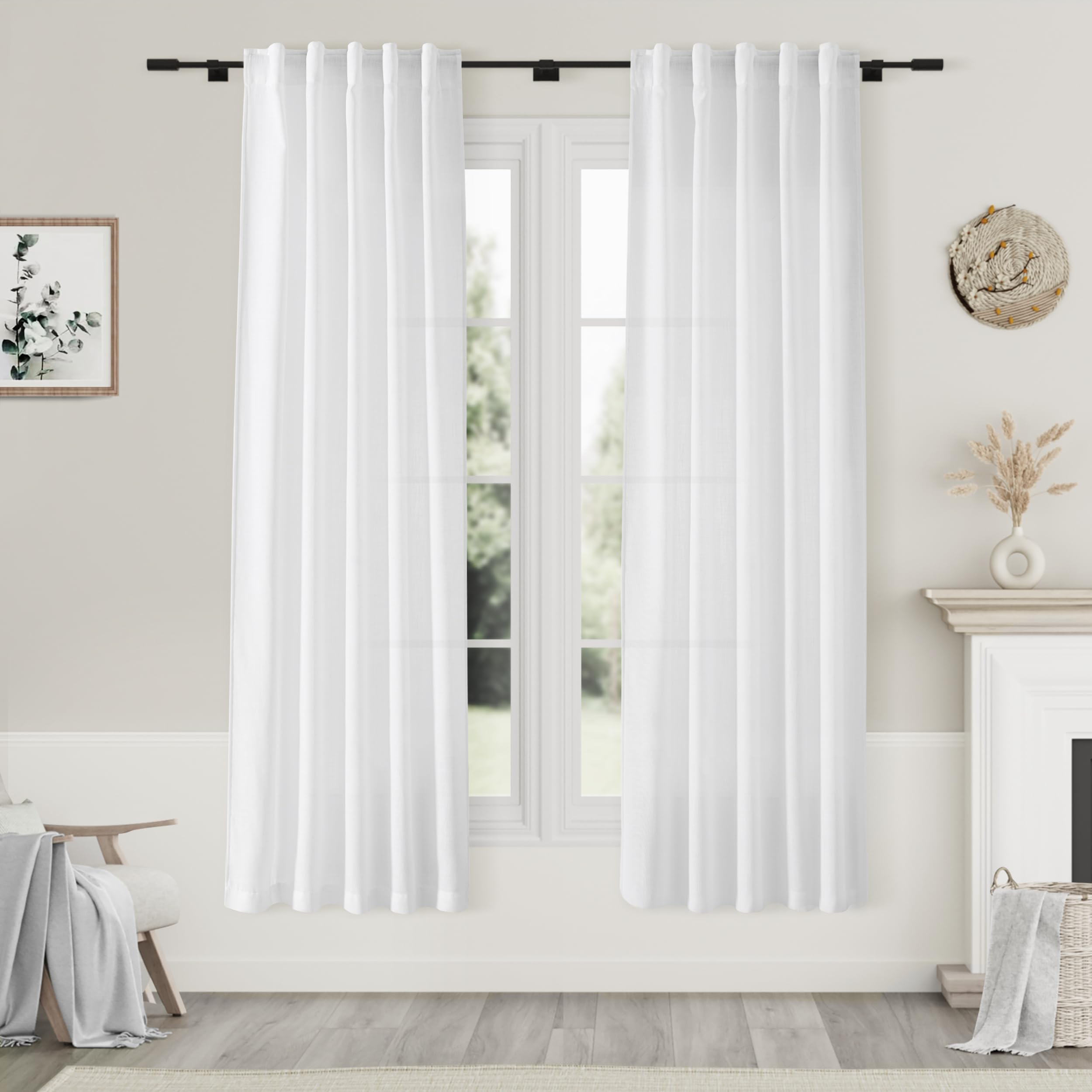 Nanspring Mist Sage Linen Curtains Semi Sheer 96 Inches Long 2 Panels Set for Living Room Back Tab Rod Pocket Light Filtering Drape for Bedroom Modern Farmhouse Coastal Decor Protect Privacy 52x96 — 기타