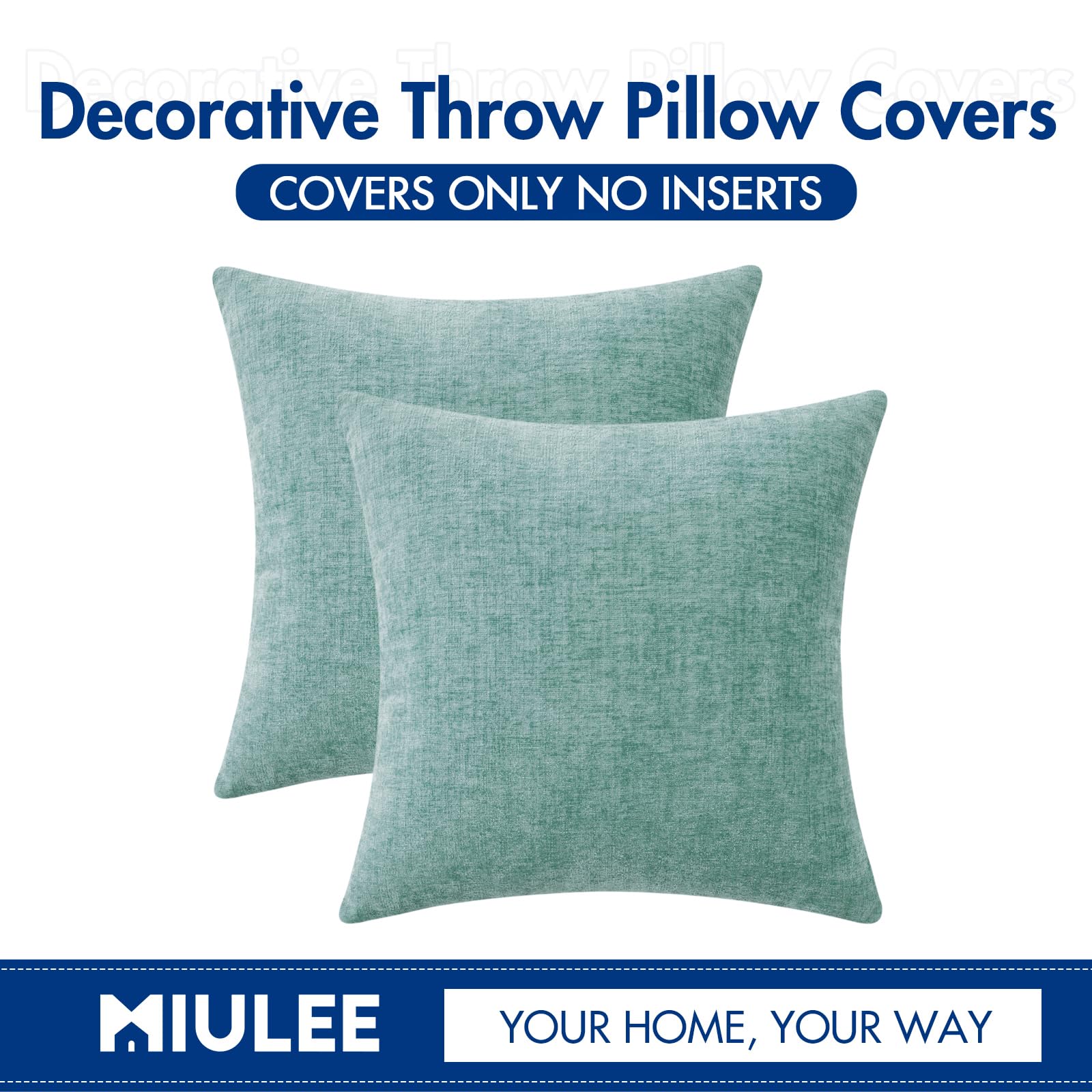 MIULEE Soft Chenille Throw Pillow Covers Aqua Green 18x18 Inch Pack of 2