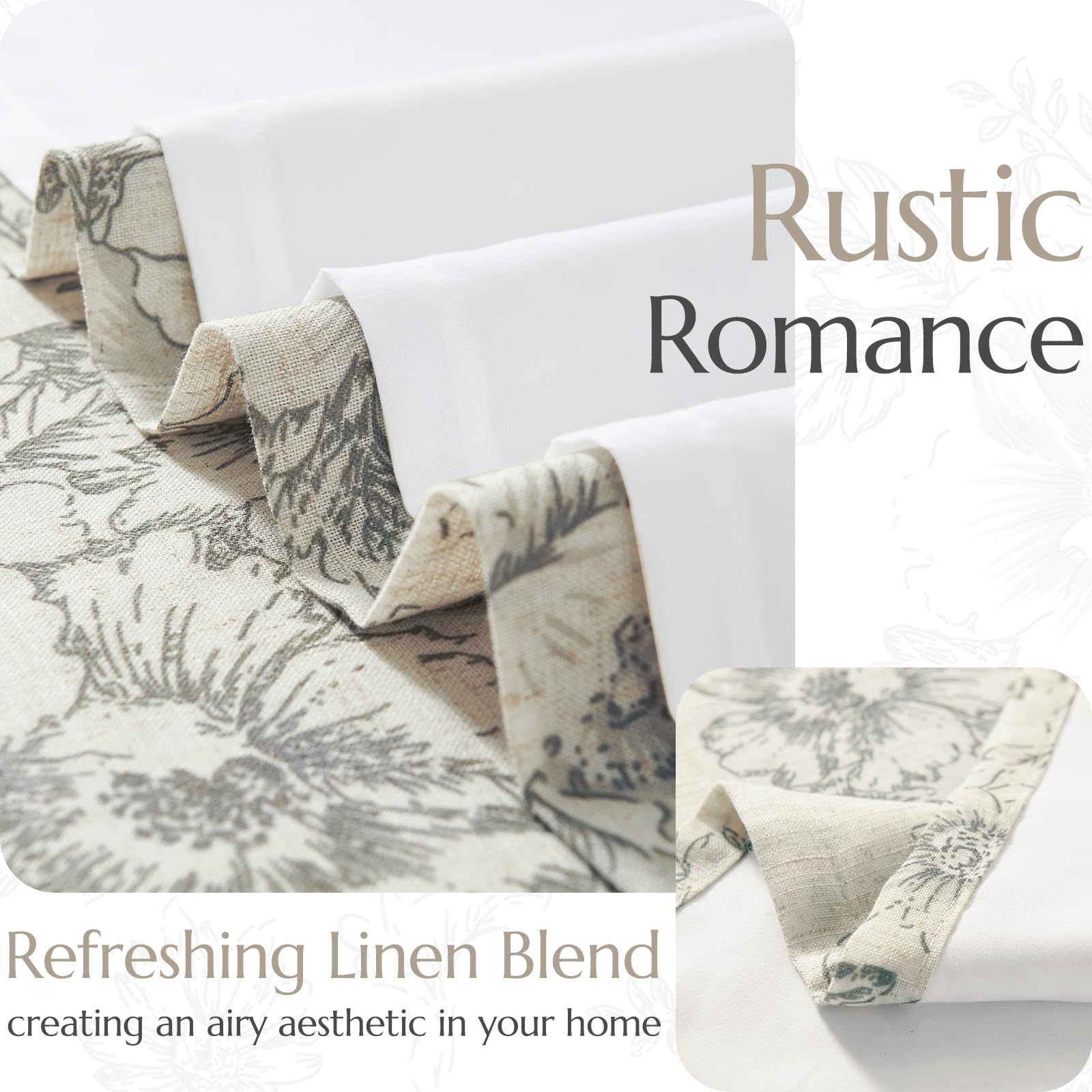 jinchan Grey Floral Linen Light Filtering Curtains for Living Room 90 Inches Long