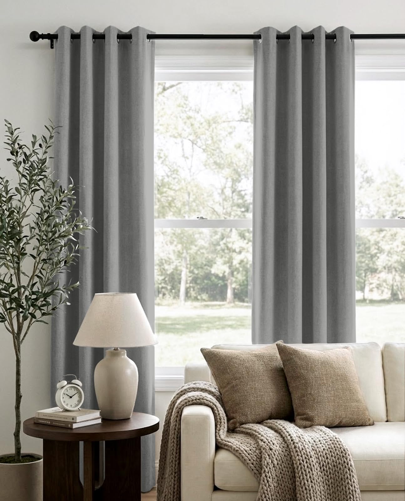 Linen Textured Total Blackout Curtains 84 Inches Long, Grey