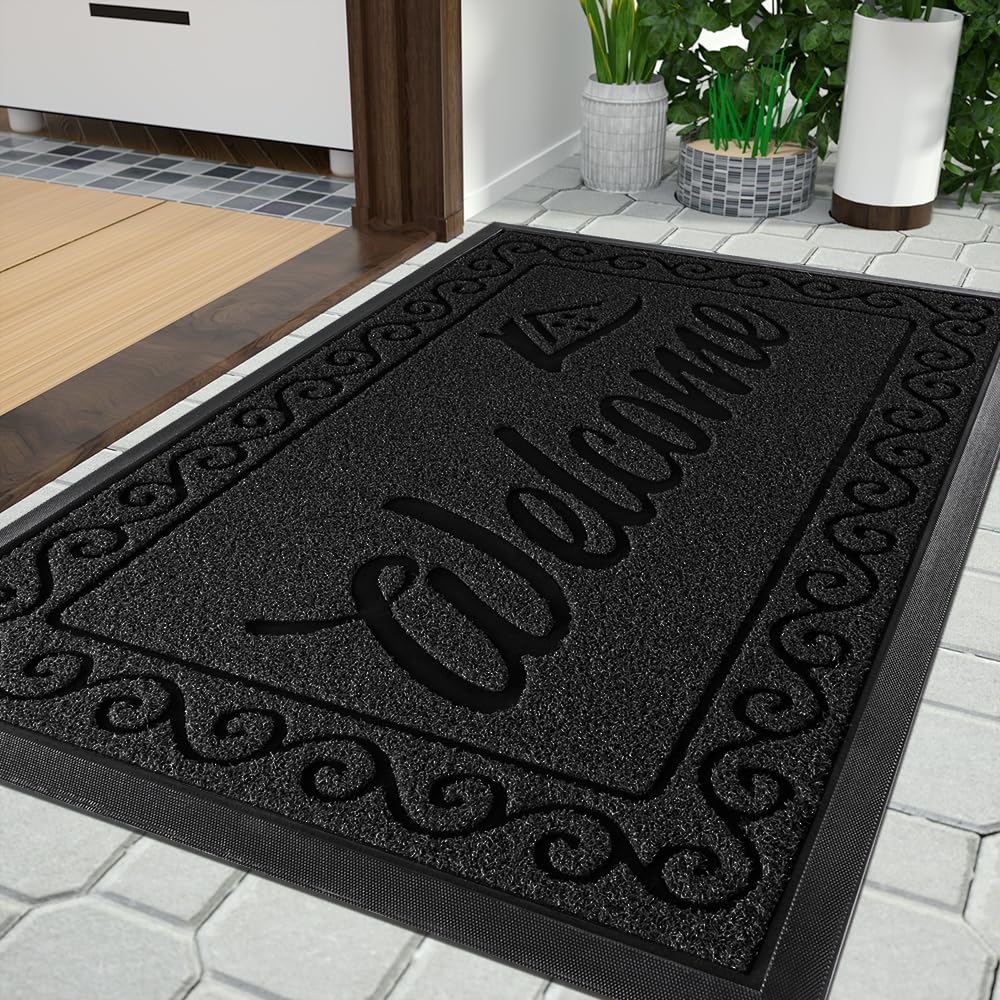 Yimobra Welcome Mat, Heavy Duty Sturdy Door Mats for Home Entrance Outdoor Indoor, Front Doormat for Outside Patio Floor Entry Porch Garage Office, Waterproof, Low Profile, 60 x 36, Black Grey