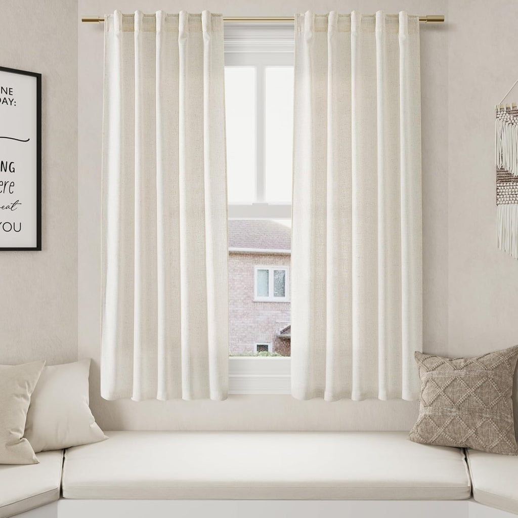 Nanspring 60 Inch Length Linen Curtains Cream Semi Sheer Light Filtering Back Tab and Rod Pocket Neutral Curtains for Bedroom Living Room 34 x 60 Inch,2 Panels