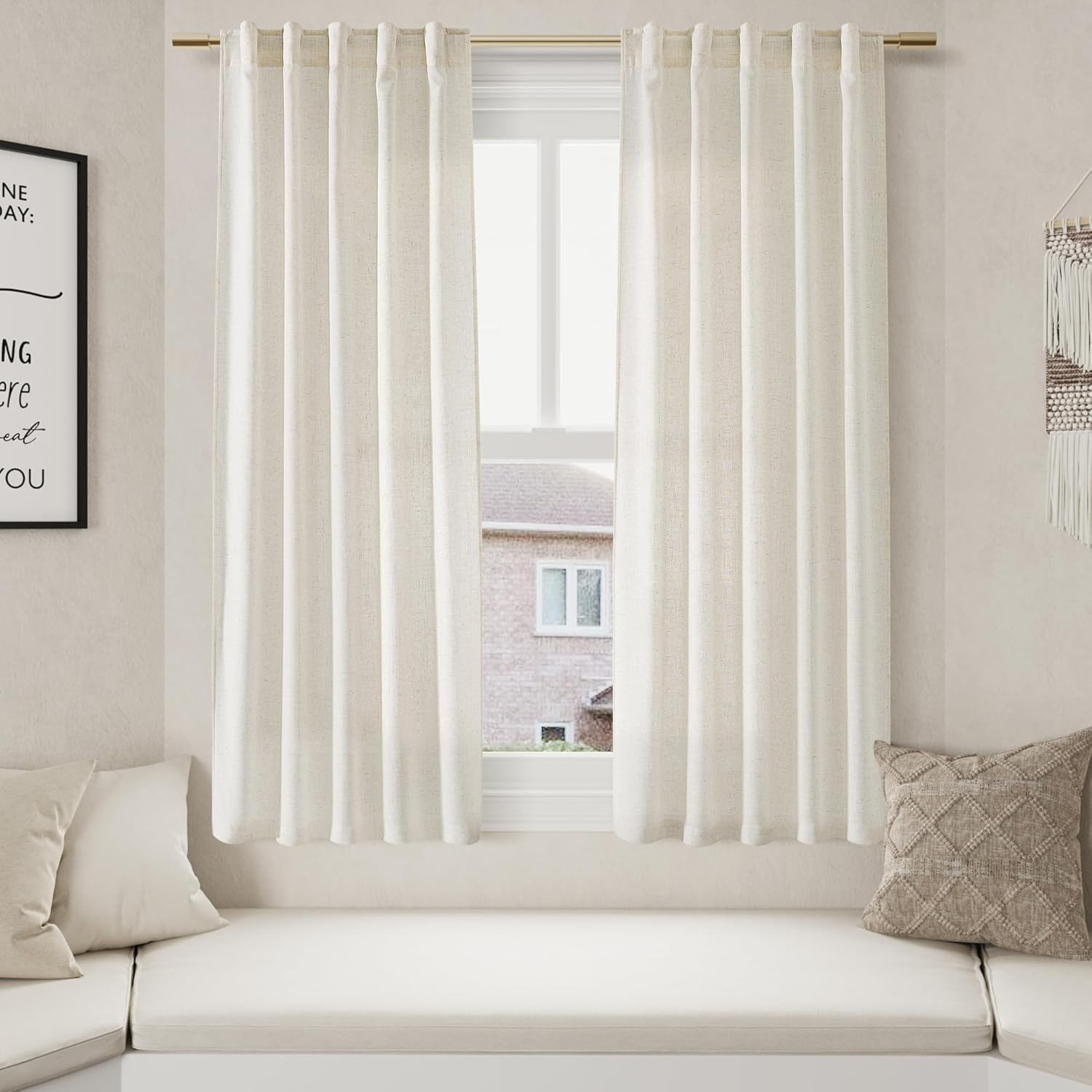 Nanspring 60 Inch Length Linen Curtains Cream Semi Sheer Light Filtering Back Tab and Rod Pocket Neutral Curtains for Bedroom Living Room 34 x 60 Inch,2 Panels
