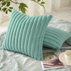 decorUhome Summer Cozy Faux Fur Throw Pillow Covers 24x24 Set of 2 Decorative Soft Plush Striped Modern Farmhouse Boho Couch Euro Sham Pillow Cases with Velvet Back for Sofa Bed Living Room, Aqua