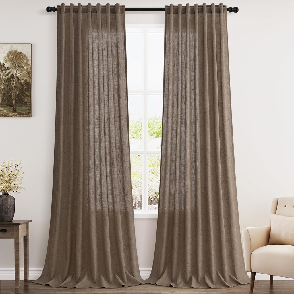 Light Brown Linen Curtains 120 Inch Extra Long for Living Room Back Tab Light Filtering Semi Sheer Drapes Modern Farmhouse Boho Decor Cotton Textured Curtain for Floor to Ceiling High Window 52x120