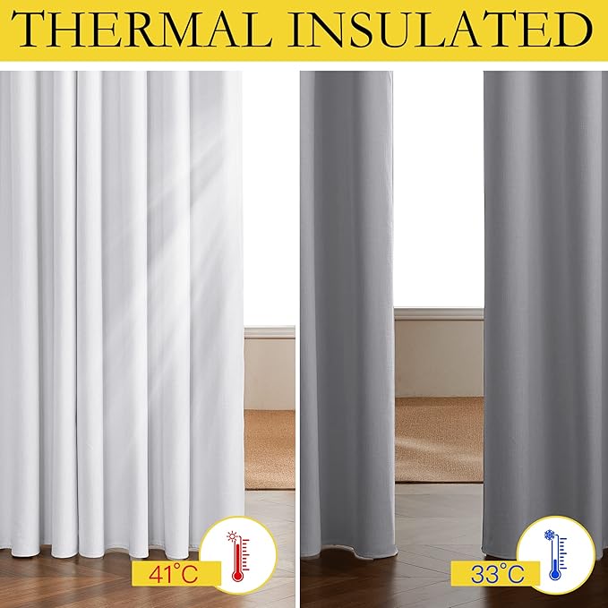 NICETOWN 100% Absolutely Blackout Linen Curtains with Thermal Insulated White Liner, White, 42 inches Wide, 63 inches Length Energy Saving Curtains for Cupboard 2 Panels Set, Vertical Blinds