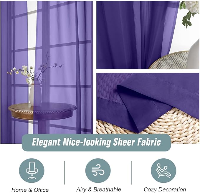 Ebesto Purple Sheer Curtains for Window 72 inches Long 2 Panels Set, Soft Airy Modern Light Filtering Sheer Curtains for Living Room Bedroom, Dual Rod Pocket Solid Window Drapes, 2x42Wx72L inches