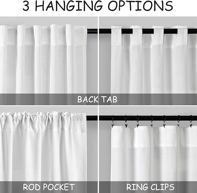 Nanspring White Extra Long Curtains 2 Panels Set 116 Inches Long for Dinning Room Back Tab Rod Pocket Light Filtering Semi Sheer Drapes Linen Textured Window Curtain for Bedroom 52x116