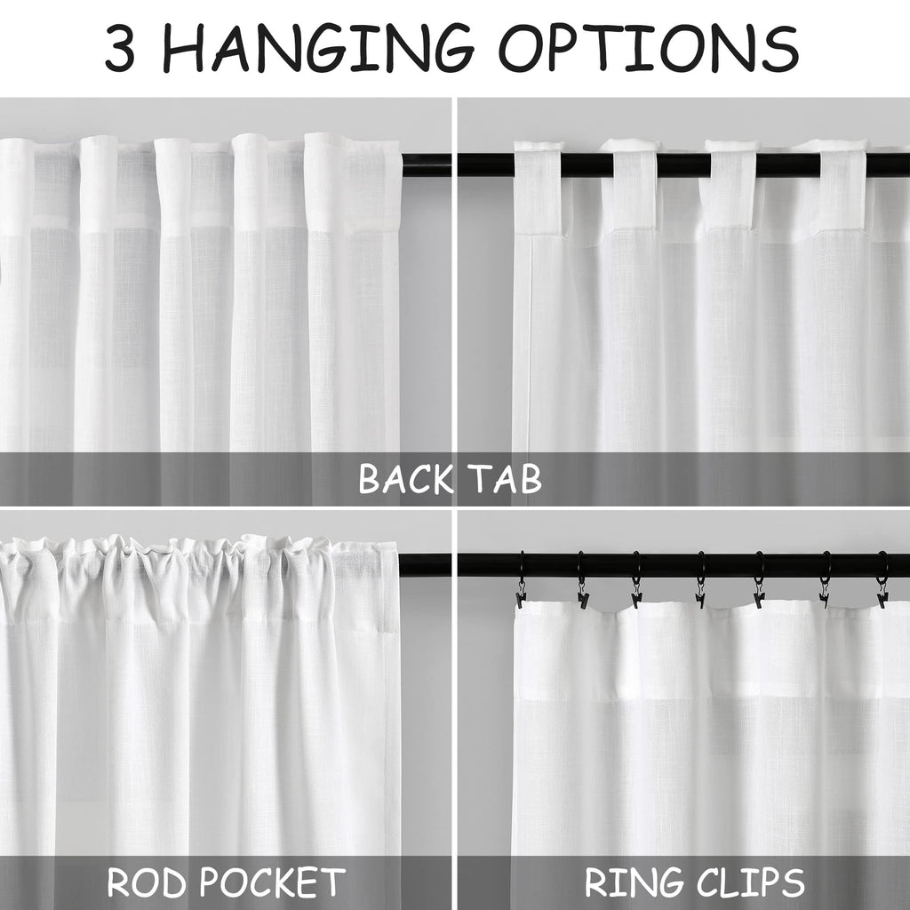 White Linen Curtains 63 inches Long for Bedroom Back Tab Light Filtering Privacy Sheer White Curtains Modern Farmhouse Coastal Decor Off White Cotton Textured Gauze Curtain for Bathroom 2 Panel Set