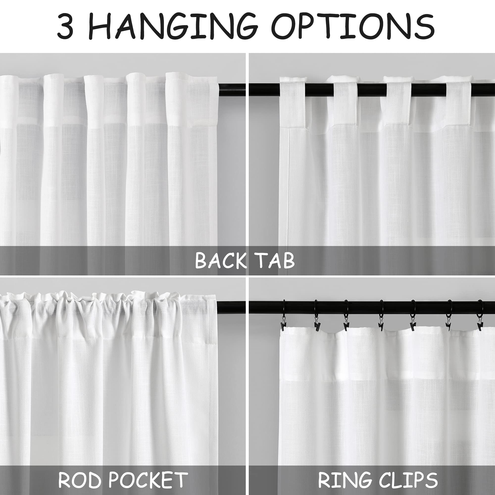 White Linen Curtains 63 inches Long for Bedroom Back Tab Light Filtering Privacy Sheer White Curtains Modern Farmhouse Coastal Decor Off White Cotton Textured Gauze Curtain for Bathroom 2 Panel Set
