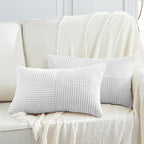 Fancy Homi 2 Packs White Lumbar Decorative Throw Pillow Covers 16x32 Inch for Living Room Couch Bed Sofa, Rustic Farmhouse Boho Home Decor, Soft Striped Corduroy Rectangle Accent Cushion Case 40x80 cm