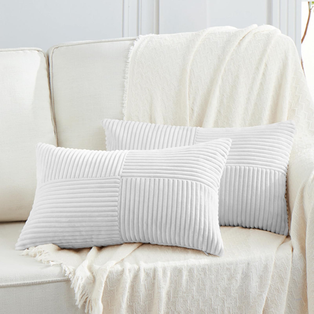 Fancy Homi Set of 2 Light Blue Long Lumbar Decorative Throw Pillow Covers 16x24 Inch for Couch Bed Sofa, Rustic Farmhouse Boho Home Decor, Soft Striped Corduroy Rectangle Accent Cushion Case 40x60 cm