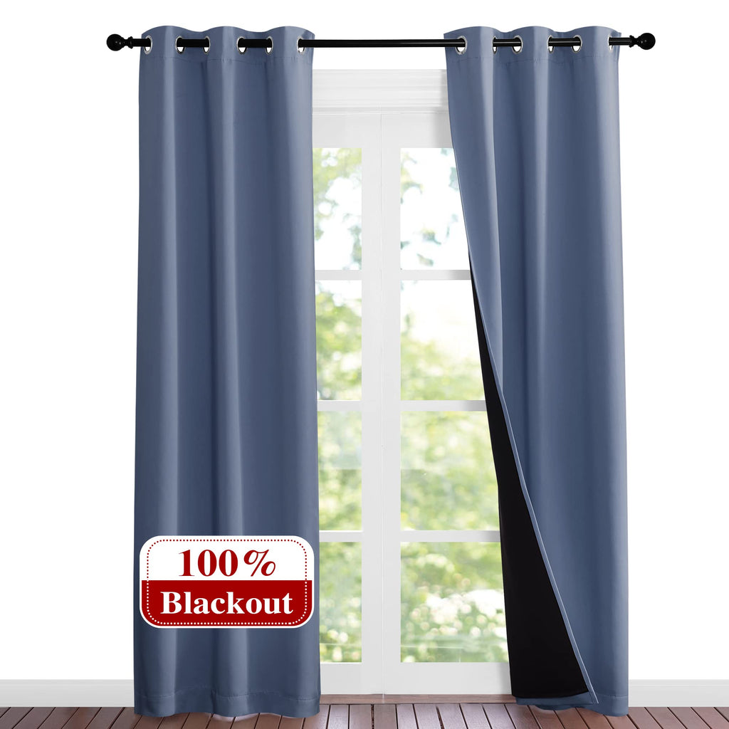 NICETOWN Full Shade Curtain Panels 84 inches Long, Pair of Energy Smart & Noise Blocking Out Blackout Drapes for Guest Room Window, Thermal Insulated Lined Window Dressing (Stone Blue, 37x84)
