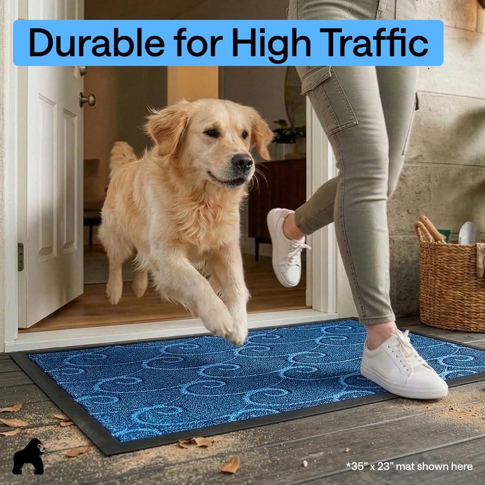 GORILLA GRIP 100% Waterproof All-Season WeatherMAX Doormat 35x23, US Designed Natural Rubber, Stain and Fade Resistant, Low Profile Indoor Outdoor Door Mats, Easy Clean Patio Mat, Ocean Blue Waves
