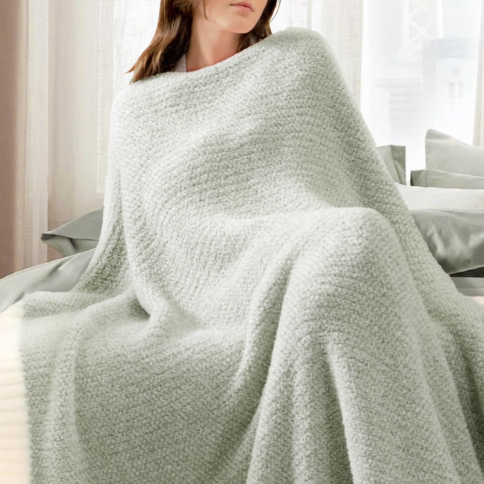 Snuggle Sac Heather Throw Blanket for Couch, Reversible Super Soft Blankets Warm Cozy Knit Fuzzy Plush Lightweight for Sofa, Bed, Camping, Picnic (Sage Green, Twin (60"x80"))