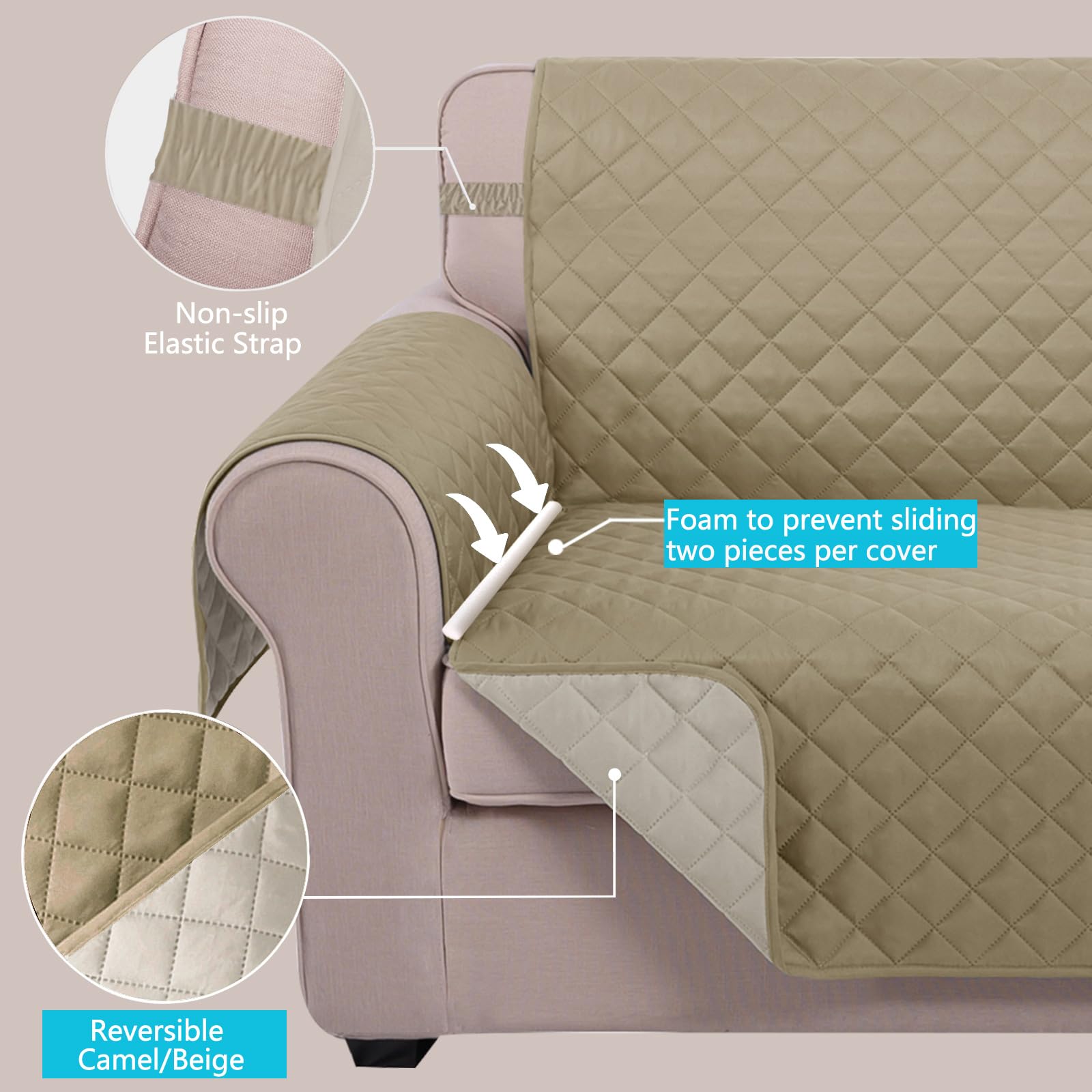 U-NICE HOME Loveseat Sofa Cover for 2 Cushion Couch, Light Camel/Beige
