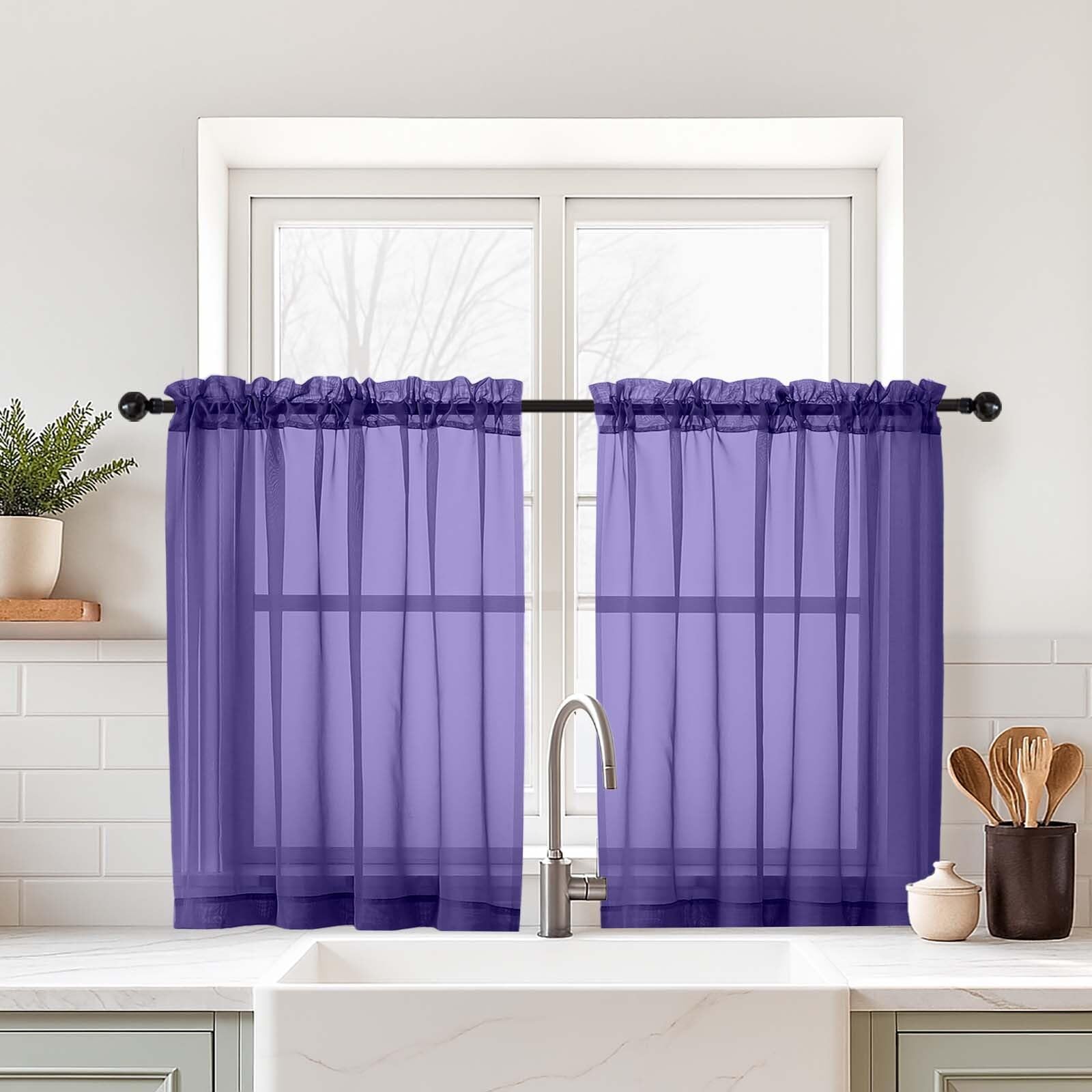 Ebesto Purple Small Sheer Curtains 2 Panels Set, Kitchen Curtains 36 Inch Length, Elegant Light Filtering Short Window Drapes for Living Room Bedroom, Dual Rod Pocket Design, 2x42Wx36L Inches