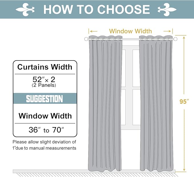 ChrisDowa 100% Blackout Curtains for Bedroom with Black Liner, 2 Thick Layers Total Blackout Thermal Insulated Grommet Long Window Curtains 2 Panels Set (Light Grey, 52 x 95 Inch)