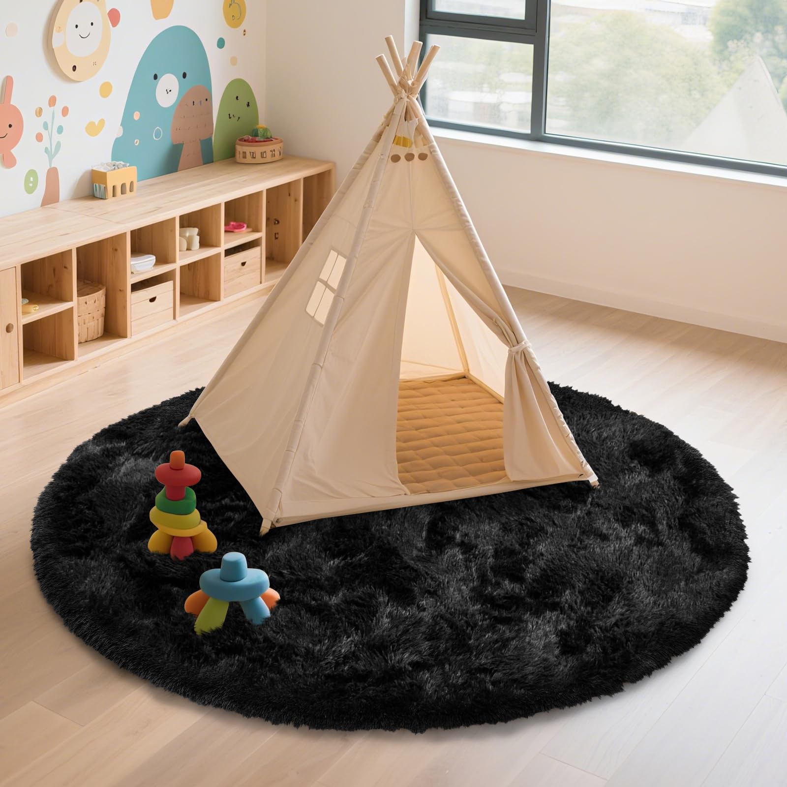 Black Fluffy Round Area Rugs for Bedroom,3'X3'Shag Circle Small Area Rugs