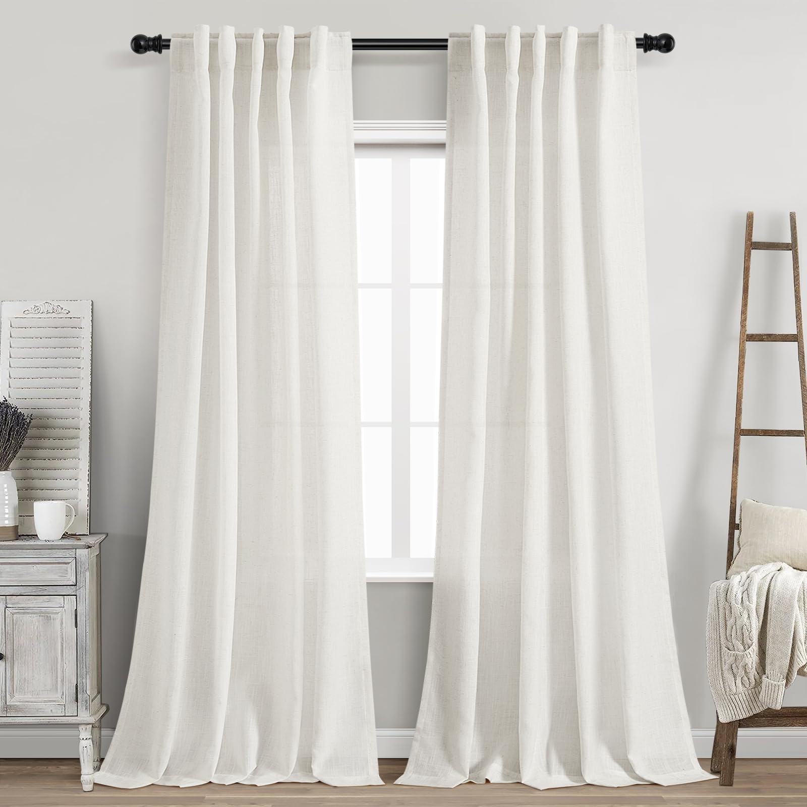 Nanspring Beige White Linen Curtains 96 Inches Long for Living Room Privacy Light Filtering Semi Sheer Curtain Back Tab and Rod Pocket Coastal Decor Drapes for Bedroom Dinner 40 X 96, 2 Panels