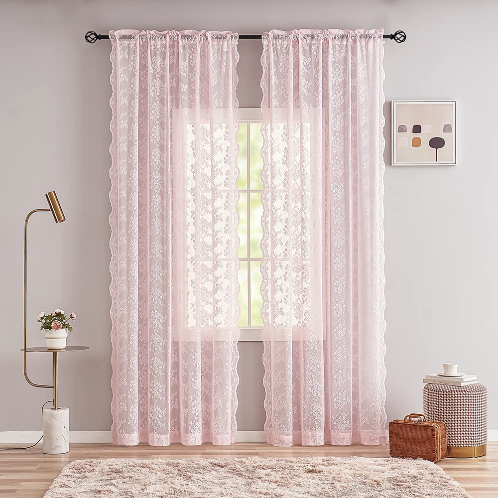 YJ YANJUN Vintage Lace Curtains 84 Inches Long- Pretty Pastel Floral Pink Sheer Curtain Panels for Living Room Girl Bedroom,Light Filtering, Cute Princess Girls Room Drapes 2 Panels 52W x 84L
