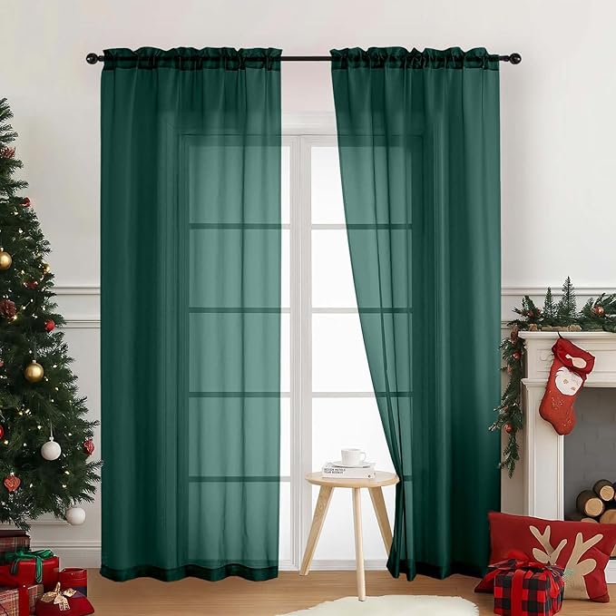 Ebesto Green Sheer Curtains 84 Inches Long 2 Panels, Elegant Airy Transparent Light Filtering Window Curtains, Window Drapes for Christmas, Top Dual Rod Pocket Design, Hunter Green, 2x42Wx84L Inches