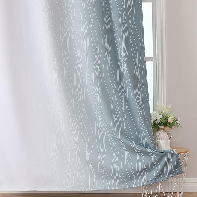 Stone Blue and Greyish White Blackout Curtains for Living Room 72 Inch Long