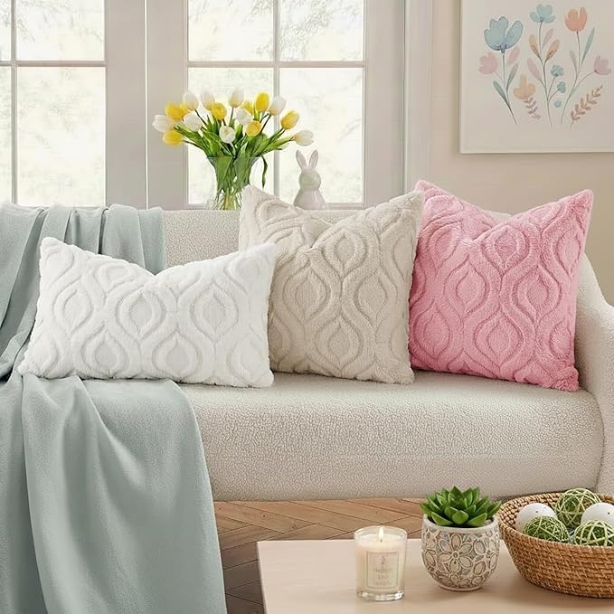 decorUhome Throw Pillow Covers 26x26 Inch Set of 2, Soft Plush Faux Wool Beige Solid Couch Pillow Covers, Accent Euro Sham Farmhouse Neutral Square Pillow Cases for Sofa Bed Living Room