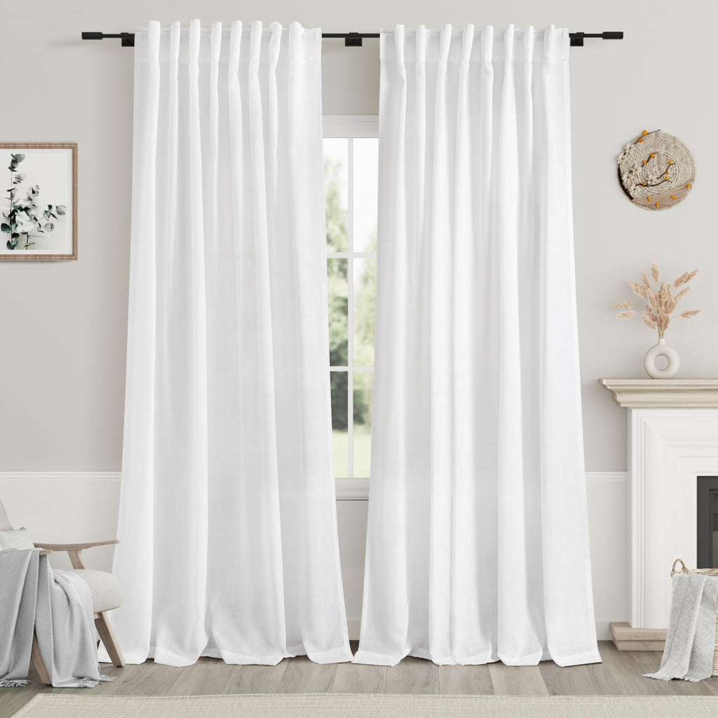 Nanspring White Linen Curtains 84 Inch Length 2 Panels Set for Living Room Back Tab Light Filtering Semi Sheer Curtain for Bedroom Farmhouse Drapes, 60x84 Inch, 2 Panels