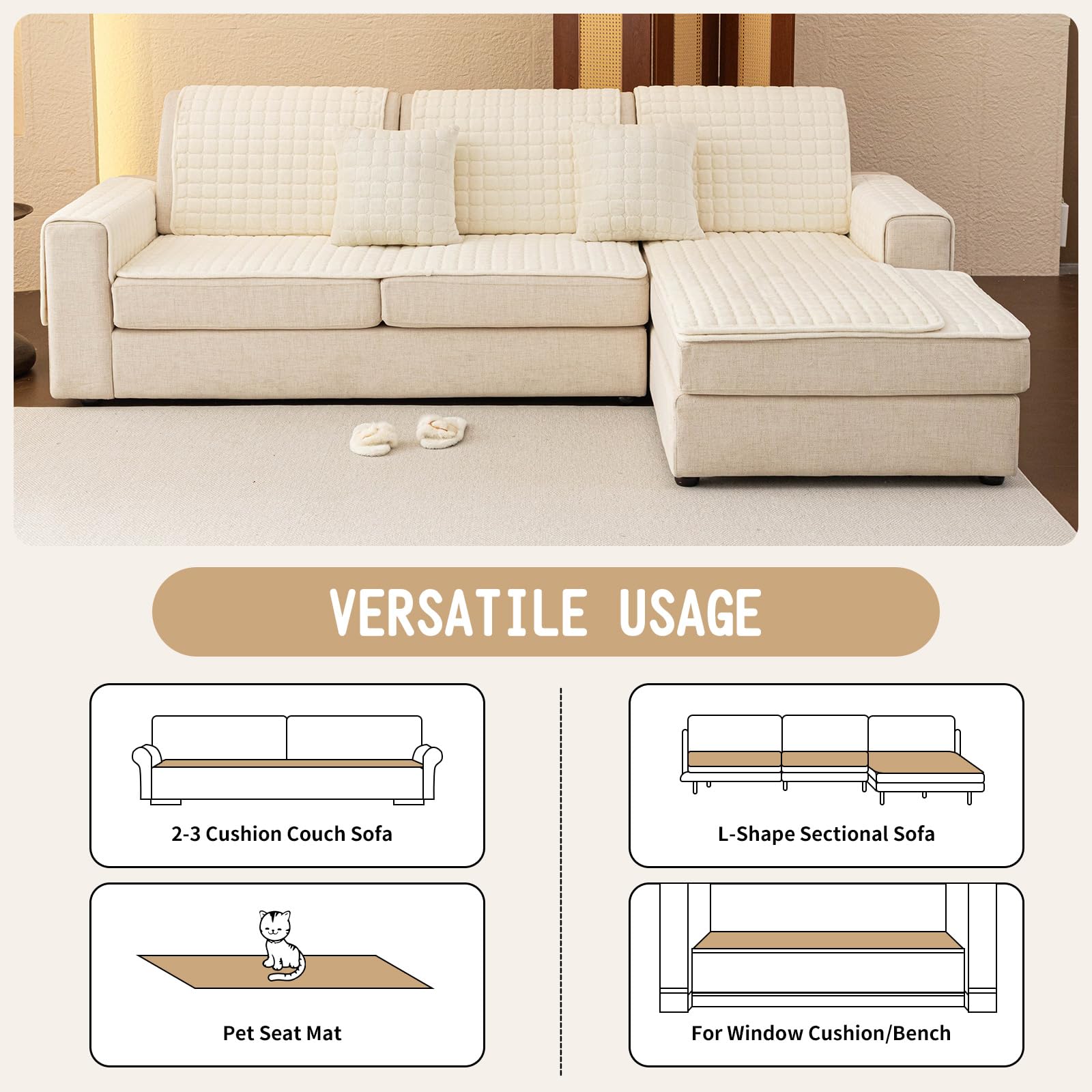 MDSASFD Velvet Couch Covers for Dogs, Dog Sectional Couch Covers, Pet Couchs Cover for 3-4 Seater, Couchs Protector for Dogs, Sectional Sofa Cover for Pet Washable(1PC,Beige White,27.6"×82.7")