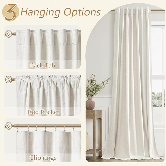 Guken Extra Wide 100% Blackout Linen Curtains for Bedroom 96 Inch Long Ceiling to Floor 8 FT Natural Cream Black Out Curtain Back Tab Room Darkening Window Drapes 1 Panel Beige Ivory 100x96