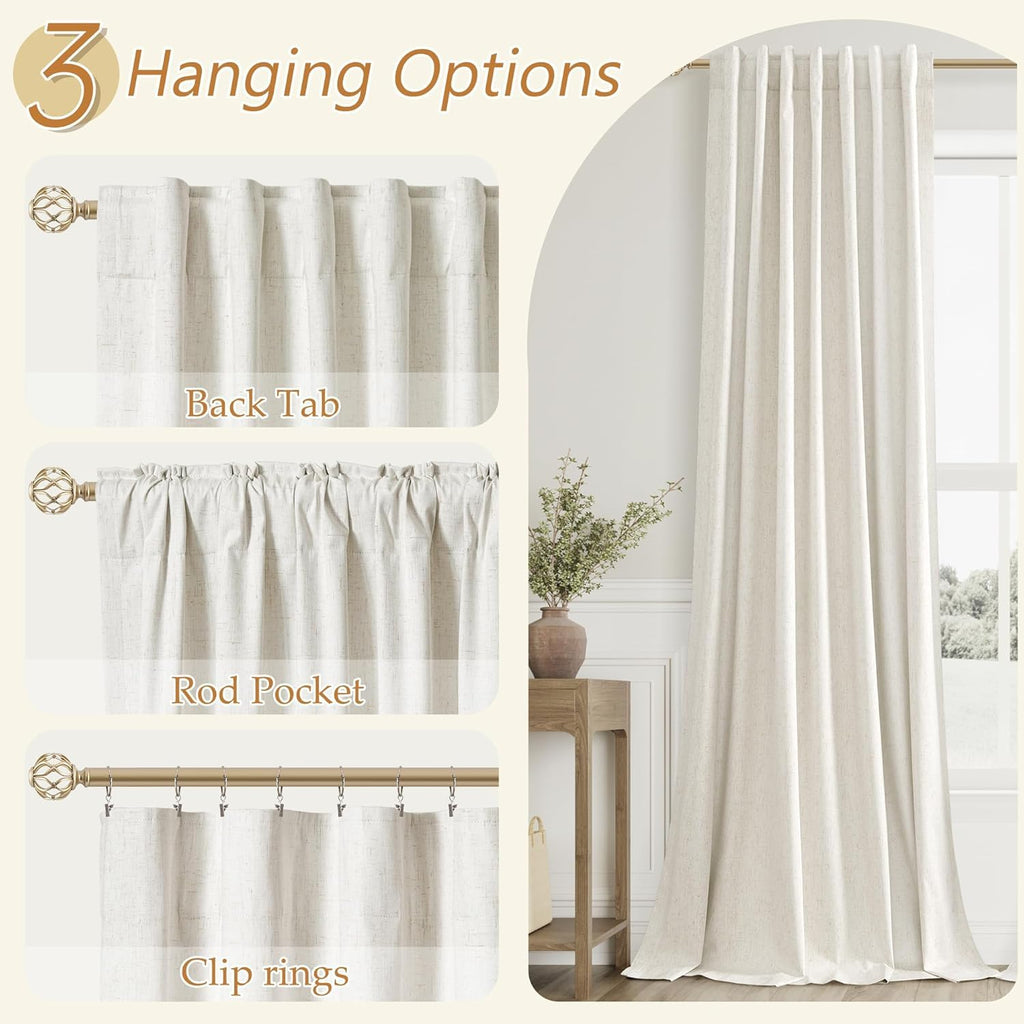 Guken Extra Wide 100% Blackout Linen Curtains for Bedroom 96 Inch Long Ceiling to Floor 8 FT Natural Cream Black Out Curtain Back Tab Room Darkening Window Drapes 1 Panel Beige Ivory 100x96
