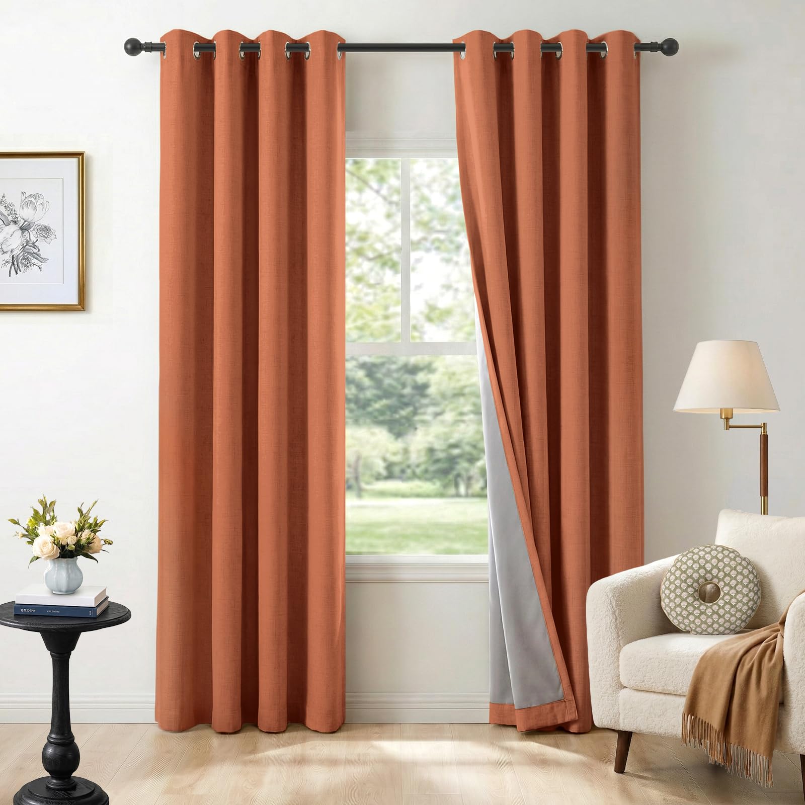 100% Blackout Linen Curtains 108 Inch Long 2 Panels Set, Oatmeal