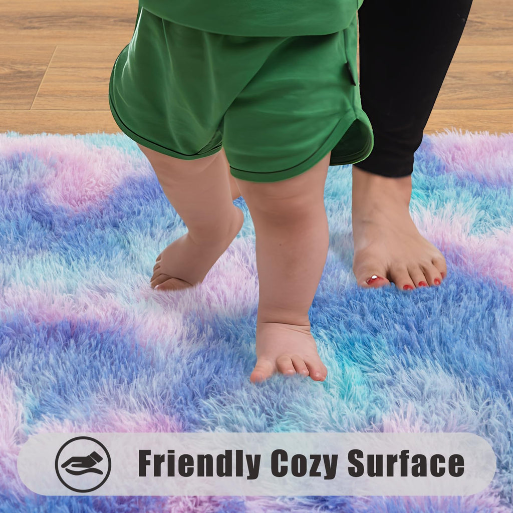 Ailyei Soft Runner Rugs for Bedroom Hallways, 2x4 Purple Rainbow Fluffy Shag Throw Area Rug Non Slip for Bedside Dorm, Long Shaggy Furry Carpet for Nursery Living Room
