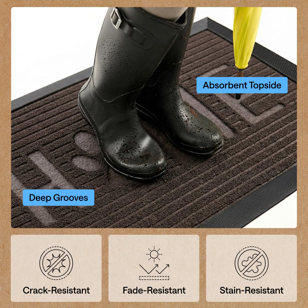 GORILLA GRIP 100% Waterproof All-Season WeatherMAX Doormat US Designed Natural Rubber, Stain and Fade Resistant, Low Profile Indoor Outdoor Door Mats, Easy Clean Patio Mat, Espresso Home Paw