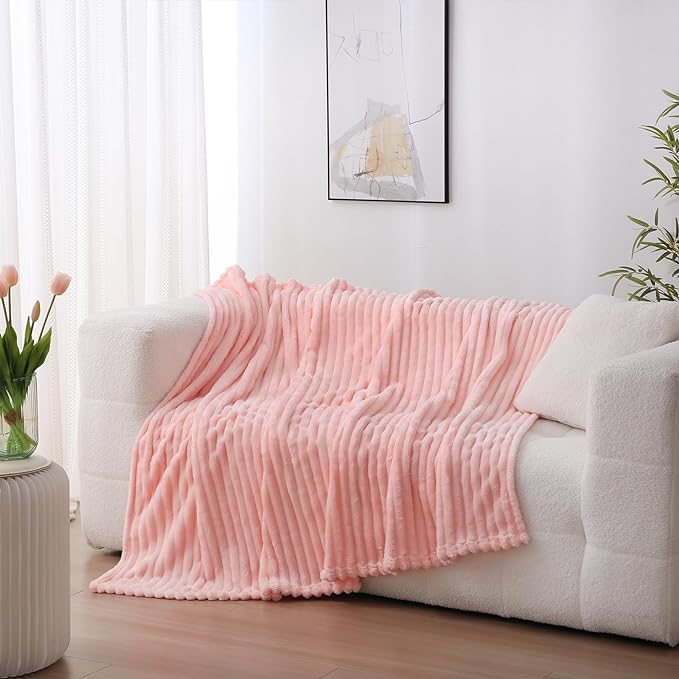 Light Pink Fleece Throw Blanket 108”×90” for Couch Sofa Bed,Super Soft Cozy Plush Microfiber Flannel Blanket with Stripes Design Lightweight for Adults,Woman,Girls