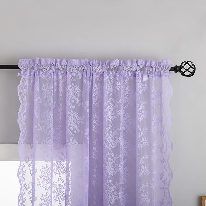 YJ YANJUN Vintage Lace Curtains 54 Inch Length-Victorian Floral Pattern Lavender Sheer Curtain Panels for Living Room Bedroom,Light Filtering, Romantic Girly Drapes 2 Panels 52W x 54L Light Purple